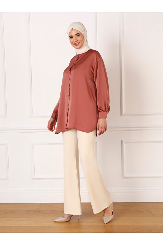 Buttoned Wide Fit Satin Tunic - Caramel - Refka