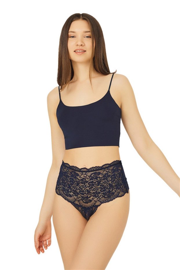 Navy Blue Lace Elastic Detailed High Waist Women's Thong Panties