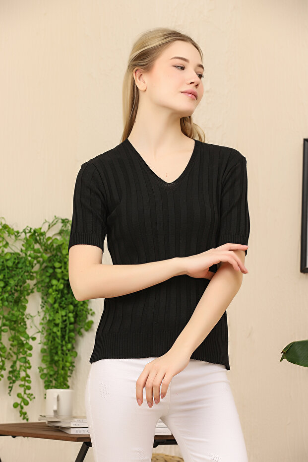V-Neck Short Sleeve Ribbed Summer Stretchy Knitwear Badi Blouse