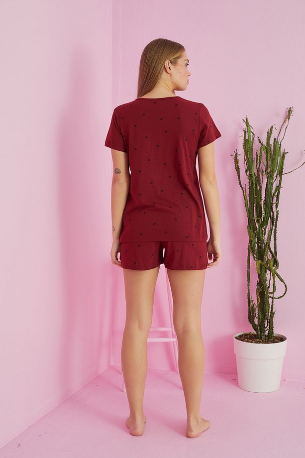 bordo puan desenli Pamuklu Şort-Pijama Takım - 2