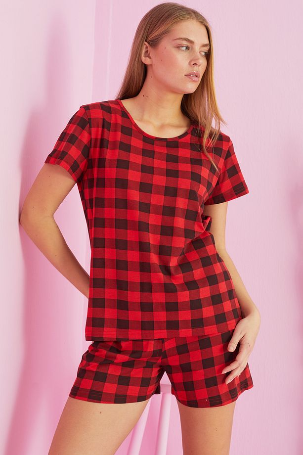 kırmızı ekose desenli Pamuklu Şort-Pijama Takım - 1