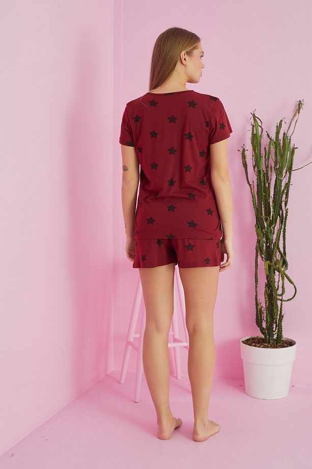 bordo yıldız desenli Pamuklu Şort-Pijama Takım - 2