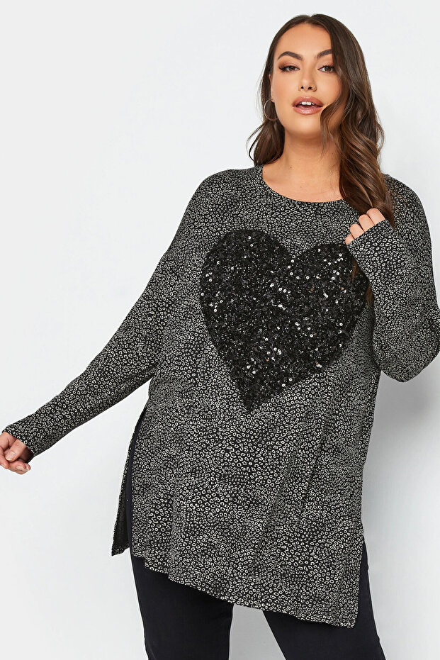 Plus Size Slit Detailed Polka Dot Sequined Long Sleeve Crew Neck Blouse302497