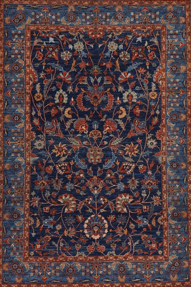 Navy Blue Orange Themed Traditional Motif Floral Patterned Vintage Decorative Carpet 3817