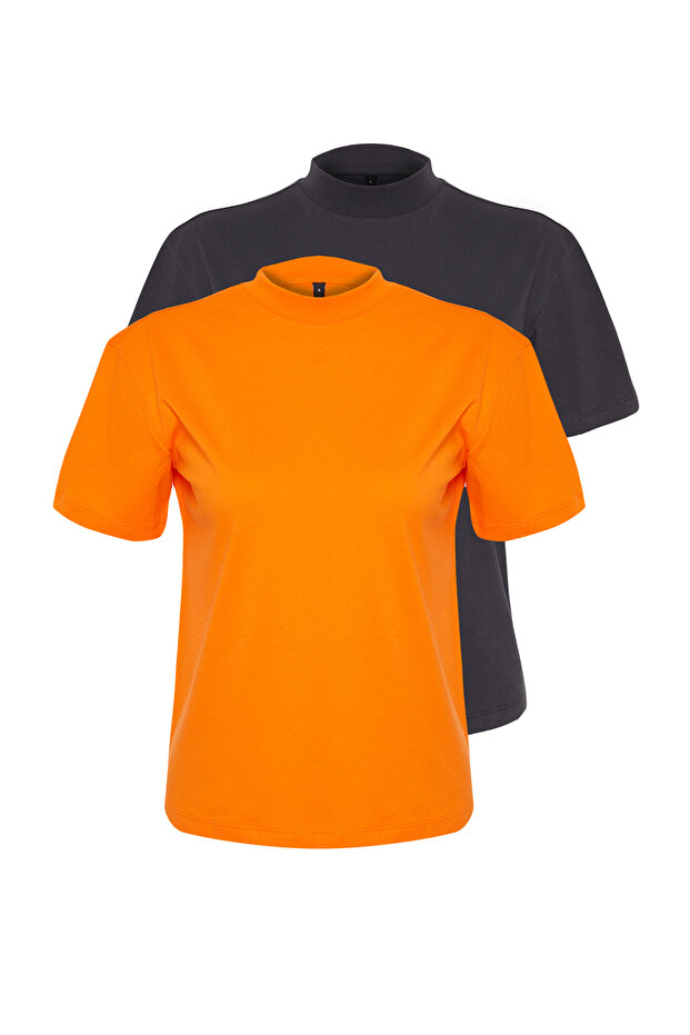 Antrasit-Turuncu 2'li Paket Basic Dik Yaka Örme T-Shirt TWOSS20TS1500 - 6