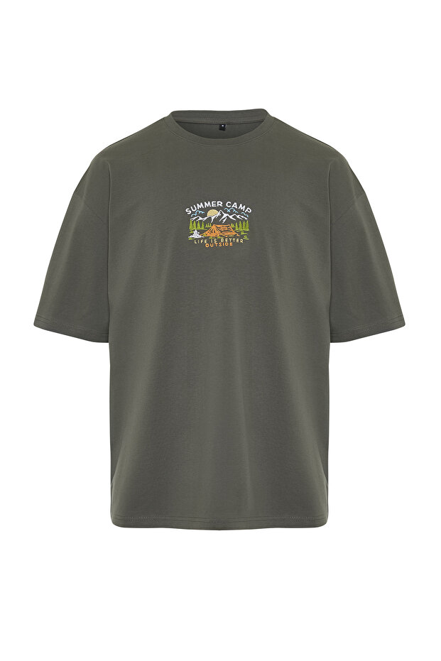 Antrasit Oversize/Geniş Kesim Kısa Kol Manzara Nakışlı %100 Pamuklu T-Shirt TMNSS23TS00243 - 7