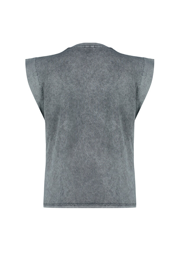 Antrasit*001 Soluk Efektli %100 Pamuk Vatka Görünümlü Basic Bisiklet Yaka Örme T-Shirt TWOSS20TS0021 - 8