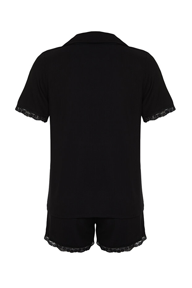 Siyah Dantelli Viskon Şortlu Dokuma Pijama Takımı THMSS24PT00181 - 8