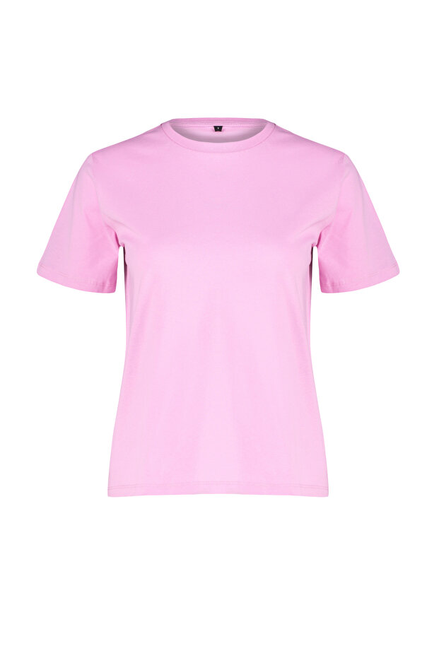 Pembe %100 Pamuk Basic Bisiklet Yaka Örme T-Shirt TWOSS23TS00000 - 7