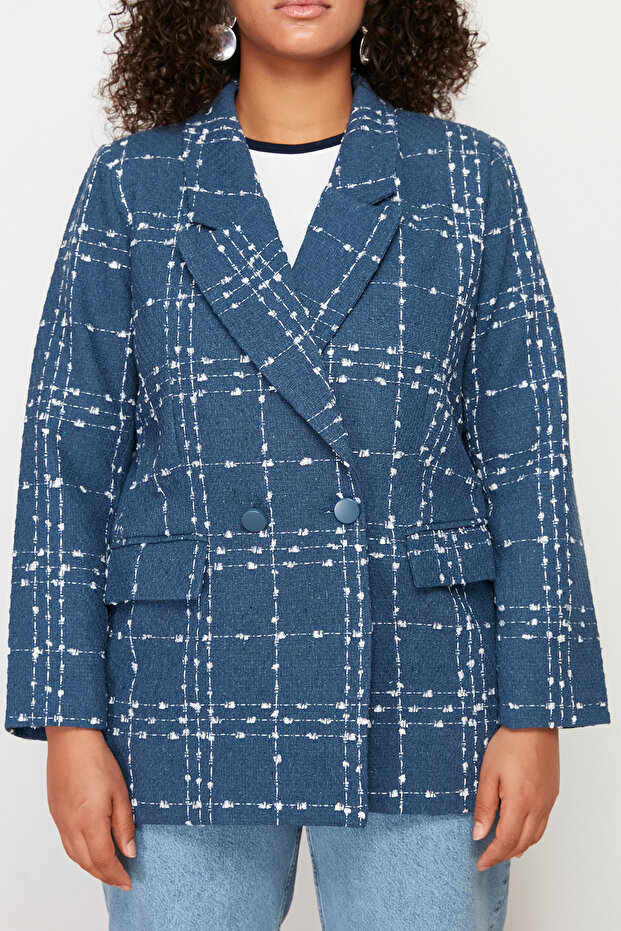 Granatowa tweedowa marynarka z tkaniny TBBSS24AG00004 - 4