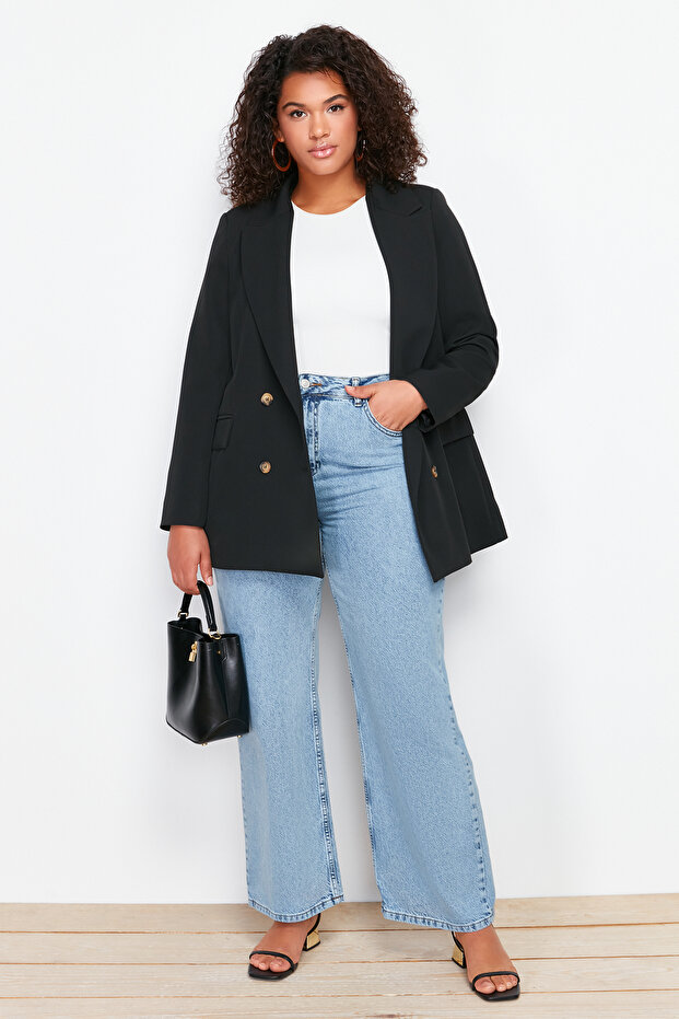 Siyah Oversize/Bol Kesim Astarlı Kruvaze Kapama Dokuma Blazer Ceket TBBSS24AG00002 - 2