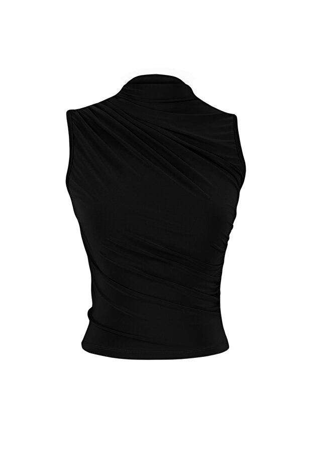 Siyah Sıfır Kol Büzgülü Vücuda Oturan Esnek Örme Bluz TWOSS24BZ00486 - 7