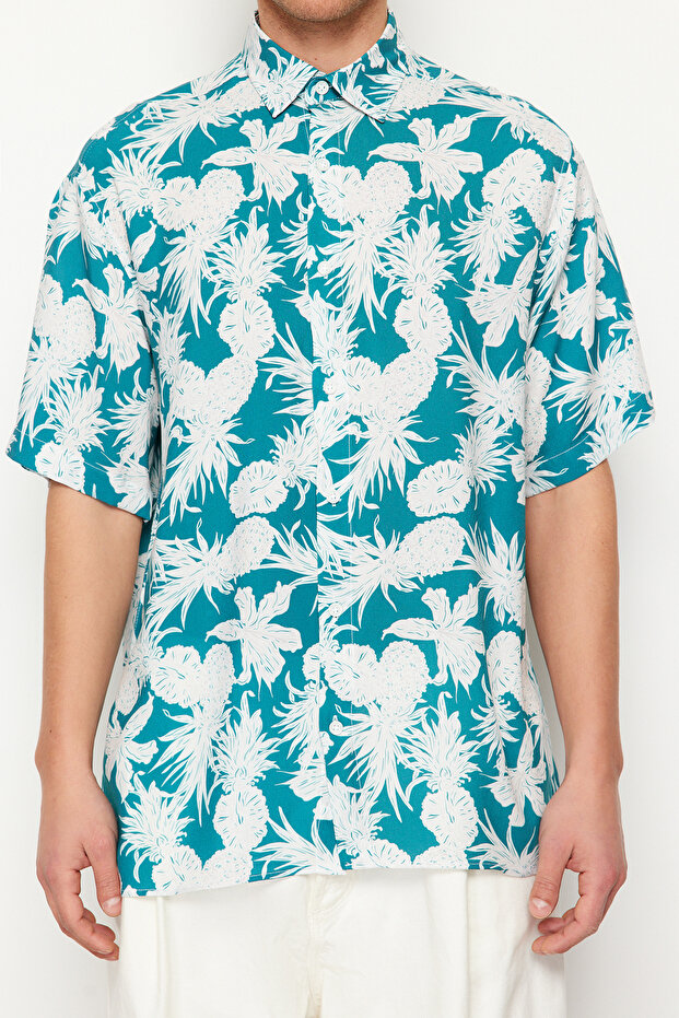 Mavi Unisex Oversize Fit Ananas Baskılı %100 Viskon Kısa Kollu Salaş Yazlık Gömlek TMNSS24GO00041 - 5