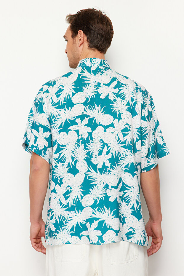 Mavi Unisex Oversize Fit Ananas Baskılı %100 Viskon Kısa Kollu Salaş Yazlık Gömlek TMNSS24GO00041 - 6