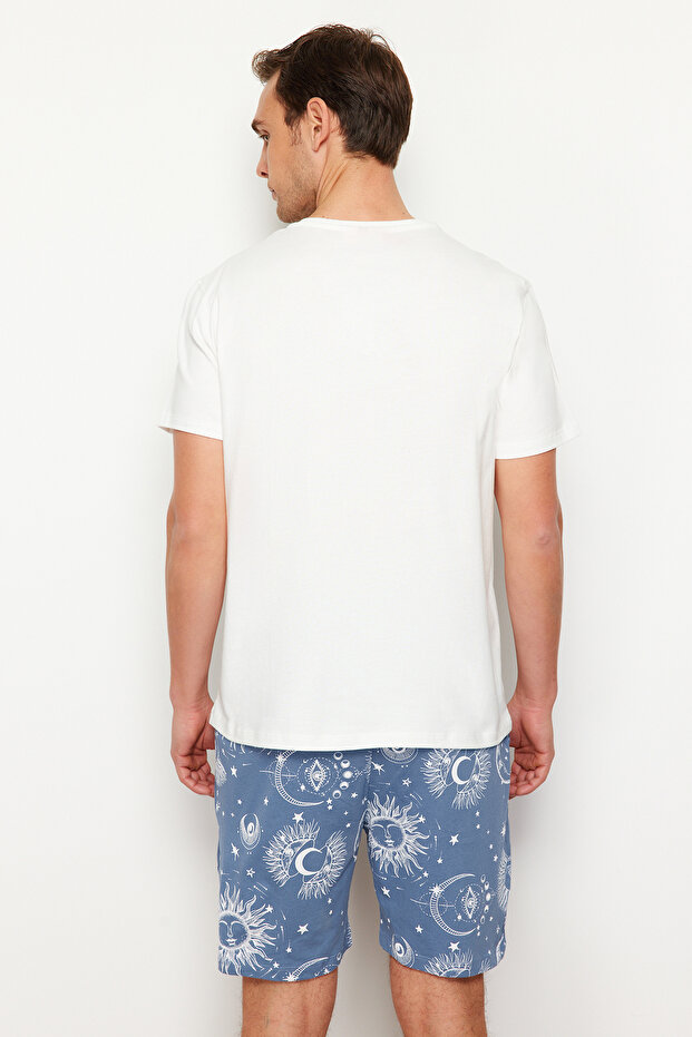Ekru Mavi Baskılı Regular Fit Couple/Çift Örme Şortlu Pijama Takımı TMNSS24PT00018 - 6