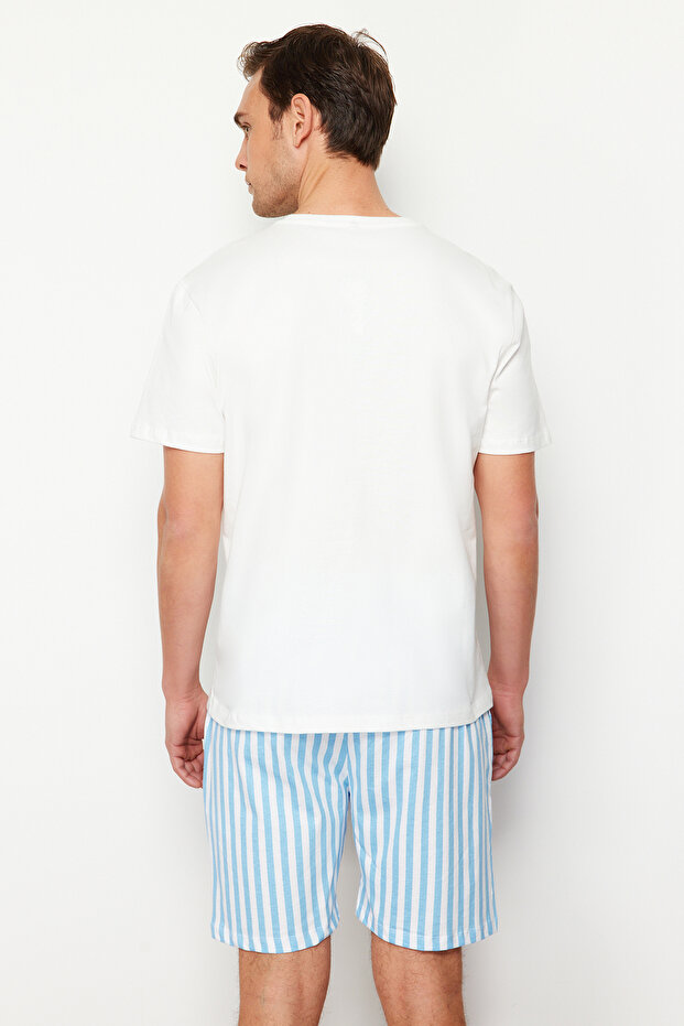 Mavi Ekru Çizgili Regular Fit Couple/Çift Örme Şortlu %100 Pamuk Pijama Takımı TMNSS24PT00017 - 6