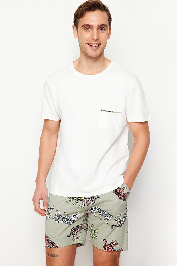 Ekru Regular Fit Hayvan Desenli Couple/Çift Örme Şortlu Erkek Pijama Takımı TMNSS24PT00015 - 2