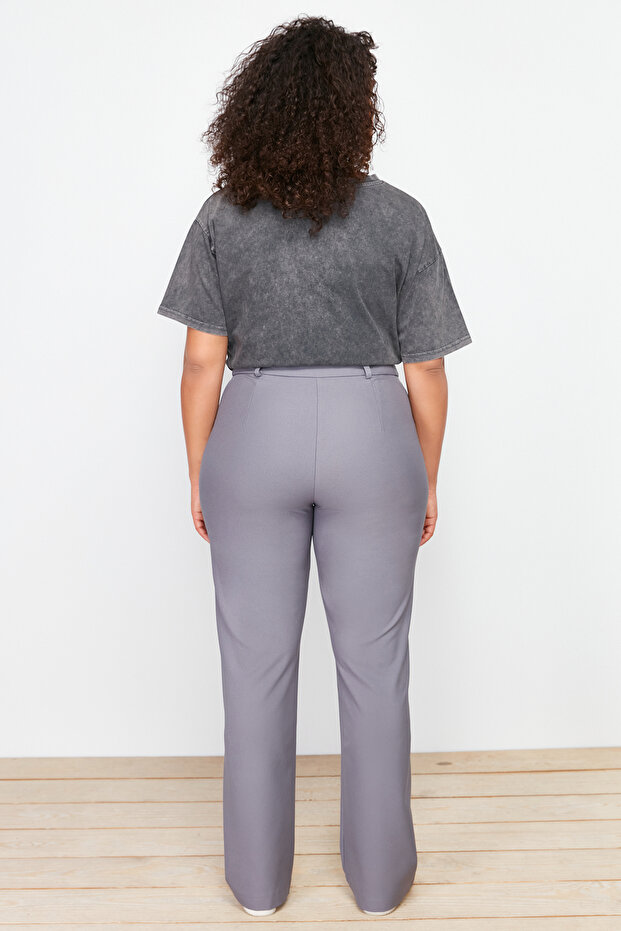 Gri Yüksek Bel Wide Leg/Geniş Paça Dokuma Kumaş Pantolon TBBAW24AR00032 - 6