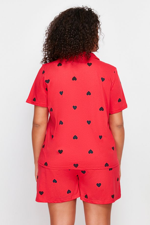 Kırmızı Kalp Desenli Şortlu Gömlek Yaka Örme Pijama Takımı TBBSS24AI00026 - 6