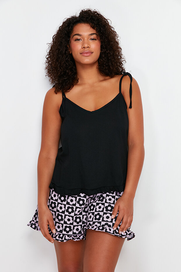 Siyah Askılı Desenli Örme Pijama Takımı TBBSS24AI00032 - 3