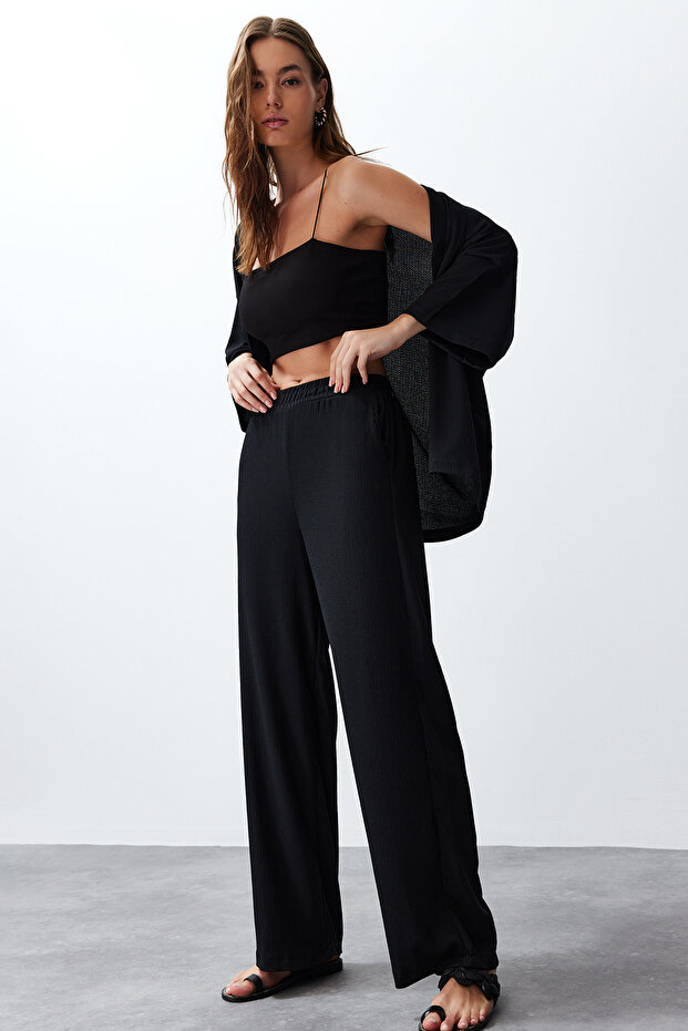 Siyah Relaxed/Rahat Kesim Örme Kimona Pantolon Alt-Üst Takım TWOSS24AU00091 - 4