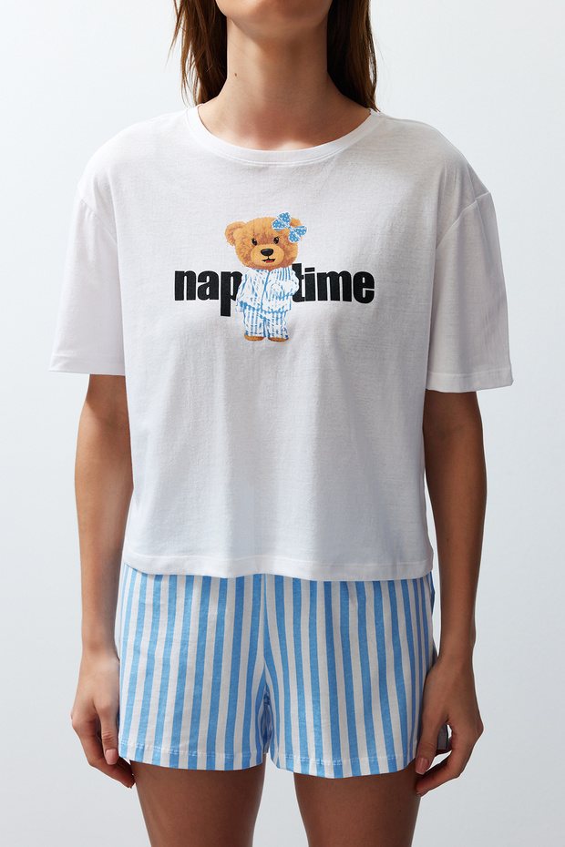 Kadın Couple/Çift Beyaz %100 Pamuklu Ayıcıklı Çizgili Şortlu Örme Pijama Takımı THMSS24PT00175 - 5