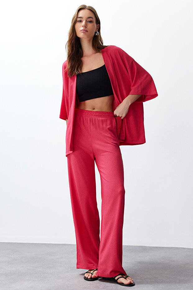 Pembe Relaxed/Rahat Kesim Örme Kimona Pantolon Alt-Üst Takım TWOSS24AU00091 - 3