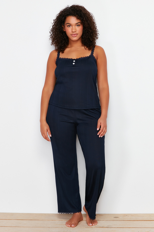 Navy Blue Corded Strappy Knitted Pajamas Set TBBSS24AI00018