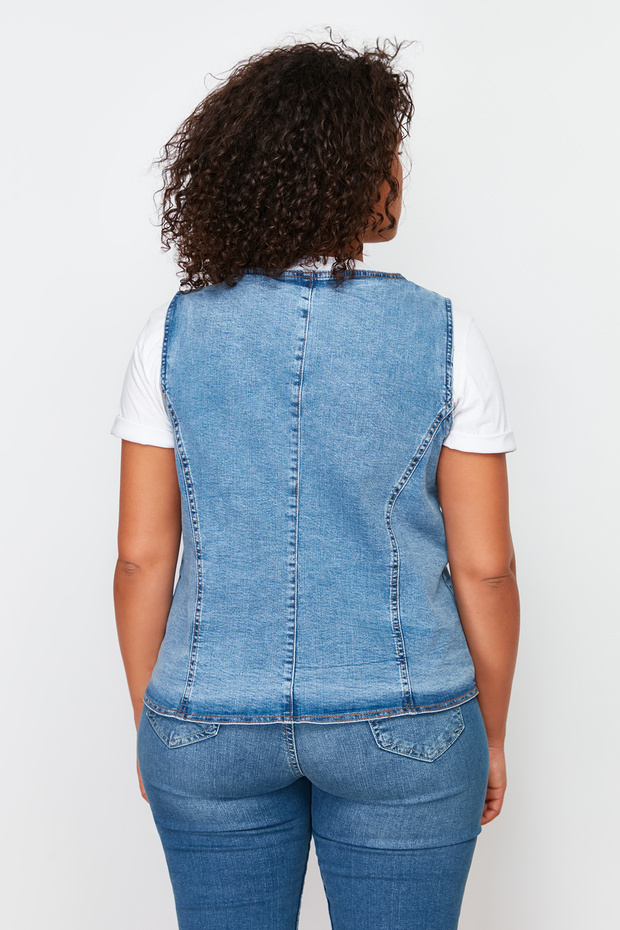 Blue Front Button Plus Size Denim Vest Tbbss24Bh00002 - 6
