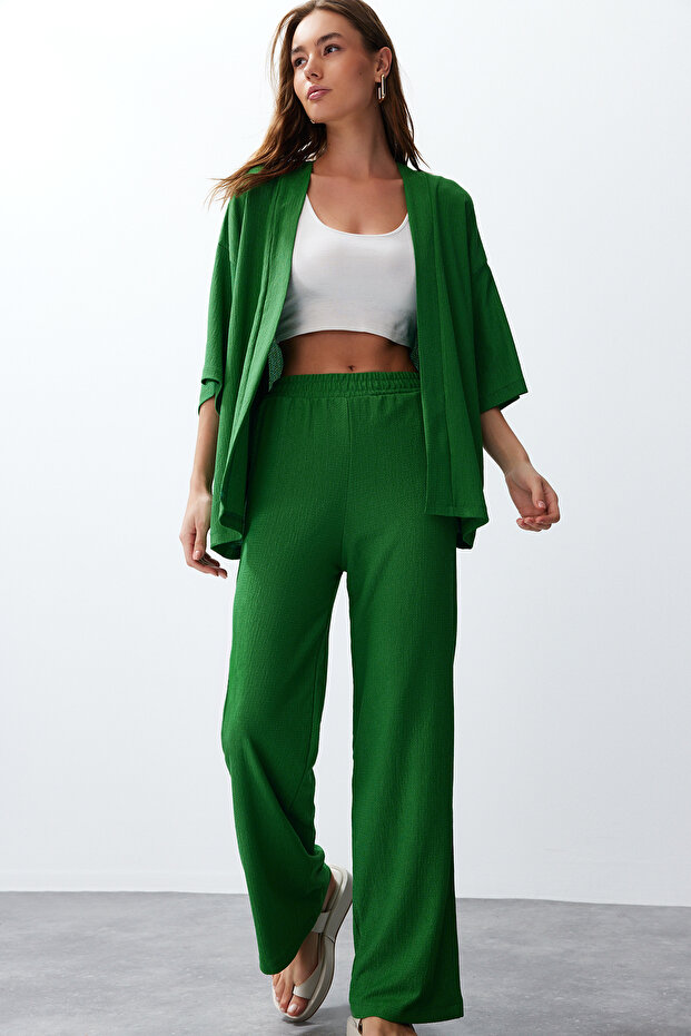 Yeşil Relaxed/Rahat Kesim Örme Kimona Pantolon Alt-Üst Takım TWOSS24AU00091 - 2