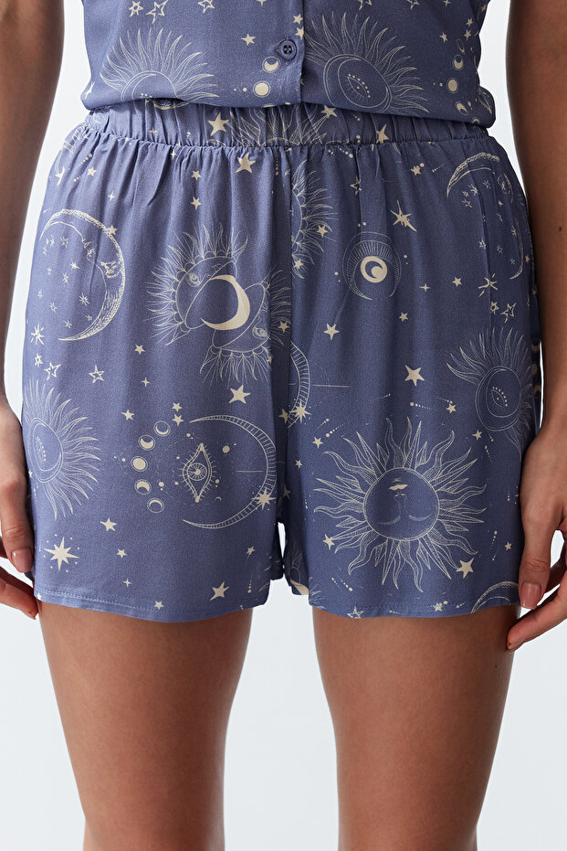 Kadın Couple/Çift Mavi Galaksi Desenli Viskon Şortlu Dokuma Pijama Takımı THMSS24PT00135 - 6