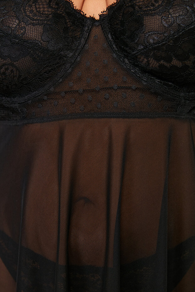 Siyah Yüksek Bel Dantelli Balenli Ayarlanabilir Babydoll&Tanga Takım TBBSS24DH00001 - 5