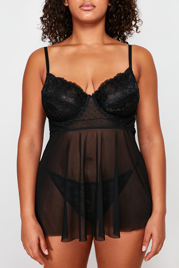 Siyah Yüksek Bel Dantelli Balenli Ayarlanabilir Babydoll&Tanga Takım TBBSS24DH00001 - 4