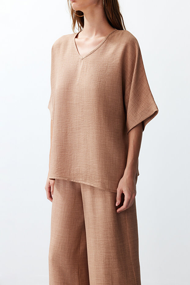 Camel V Yaka Dokuma Bluz-Pantolon Takım TWOSS24AU00096 - 4