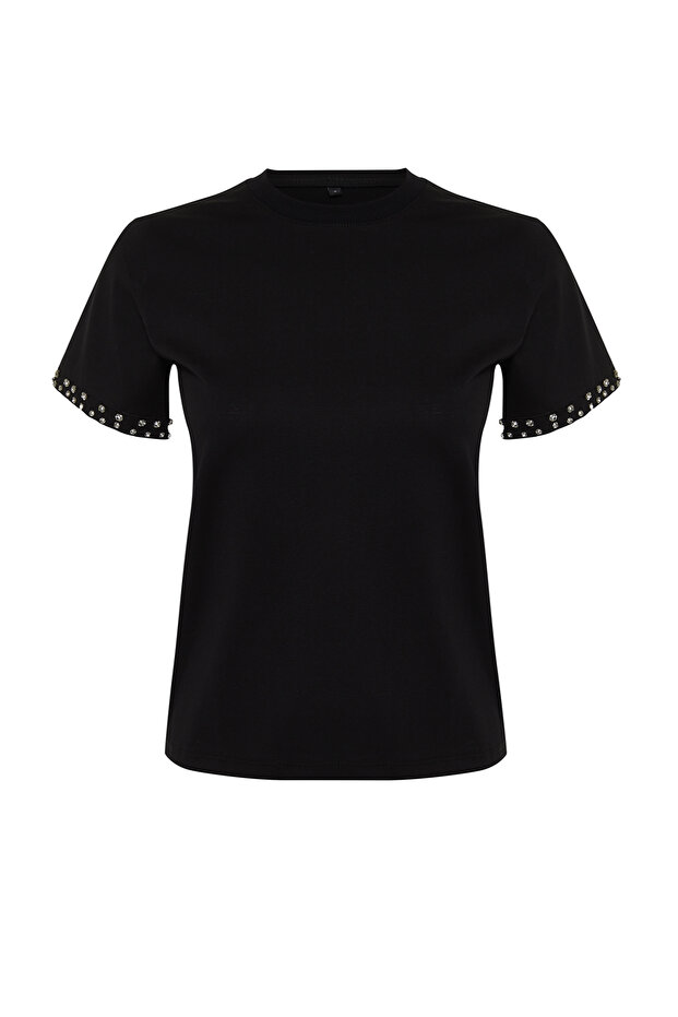 Siyah Taş Aksesuar Detaylı Regular Kalıp Örme T-Shirt TWOSS24TS00070 - 7