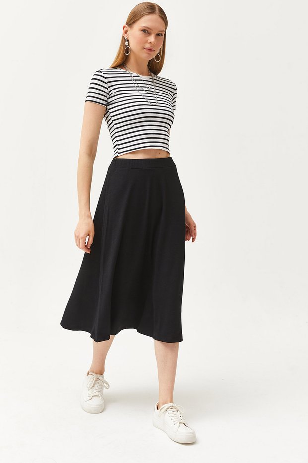 Women's Black Elastic Waist Flowing Twist Skirt ETK-19000258