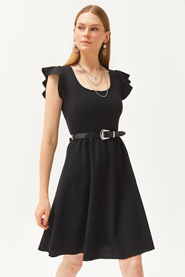 Women's Black U-Neck Sleeve Detailed Flared Dress ELB-19002094
