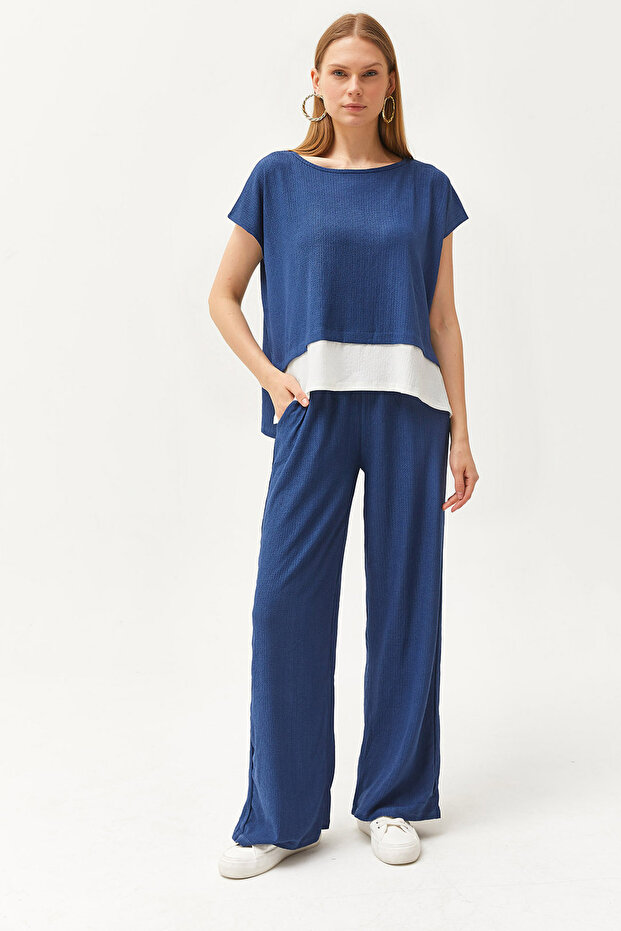 Women's Indigo Top Blouse Bottom Pants Set TKM-19000273
