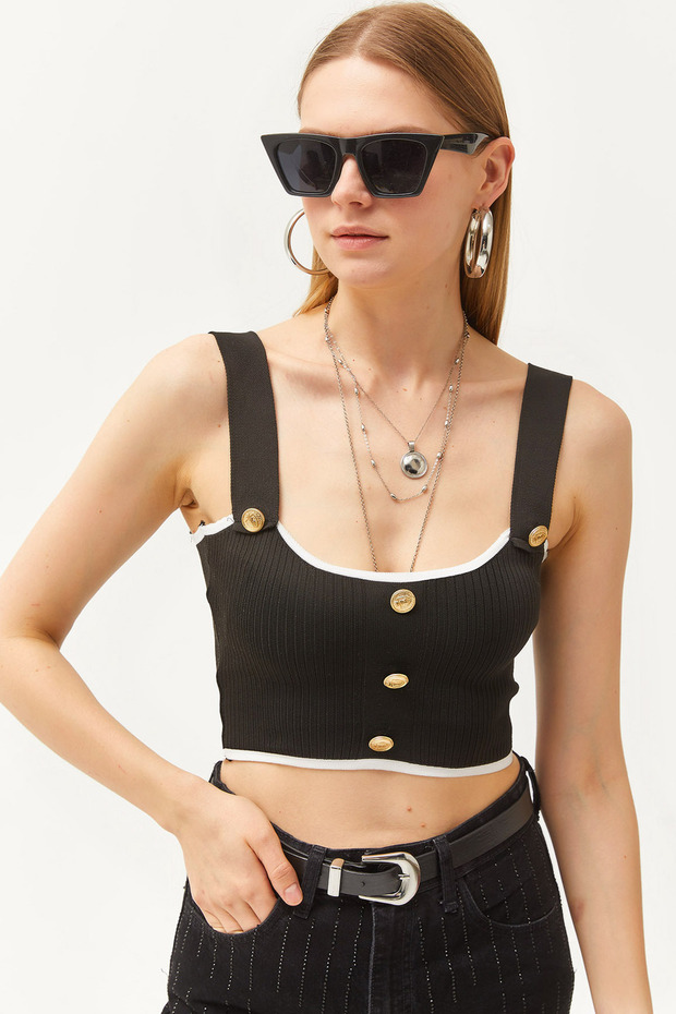 Women's Black Button Detailed Strappy Crop Knitwear Blouse BLZ-19002551