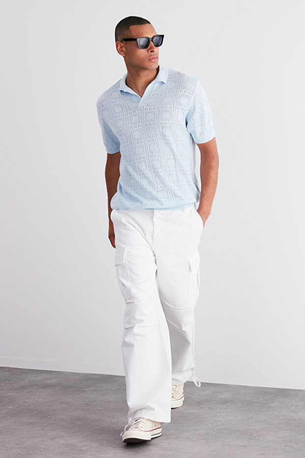 Limitowana edycja jasnoniebieskiej, regularnej, bawełnianej, ażurowej dzianiny polo z kołnierzykiem Tmnss24Po00007 - 2