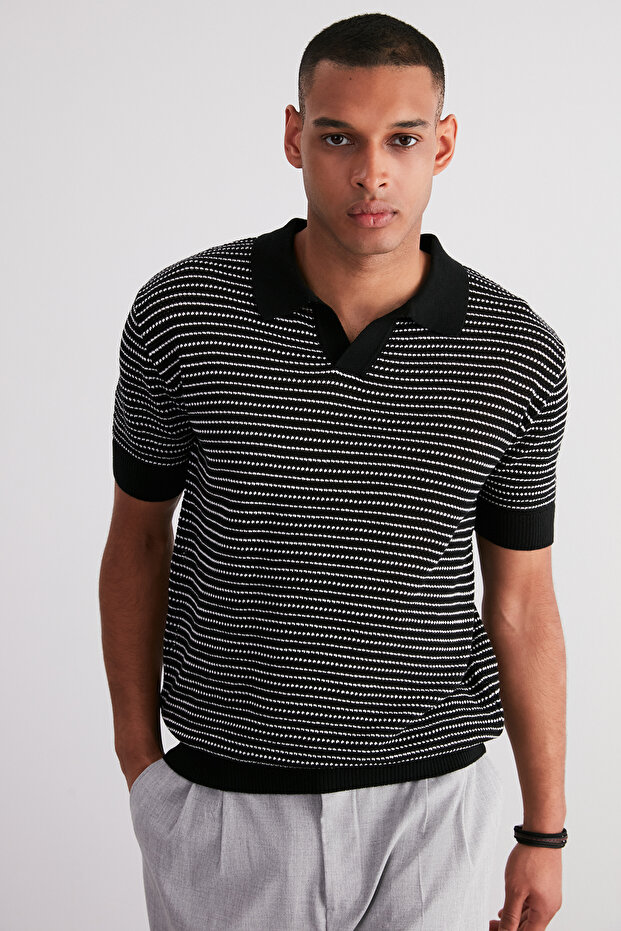 Siyah Relaxed Kısa Kol Polo Yaka Triko T-shirt TMNSS23PO00026 - 2