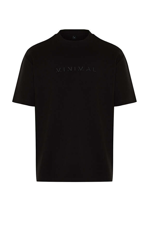 Siyah Oversize/Geniş Kesim Kabarık Yazı Baskılı Kısa Kollu Tok Kumaşlı T-Shir TMNSS24TS00114 - 7