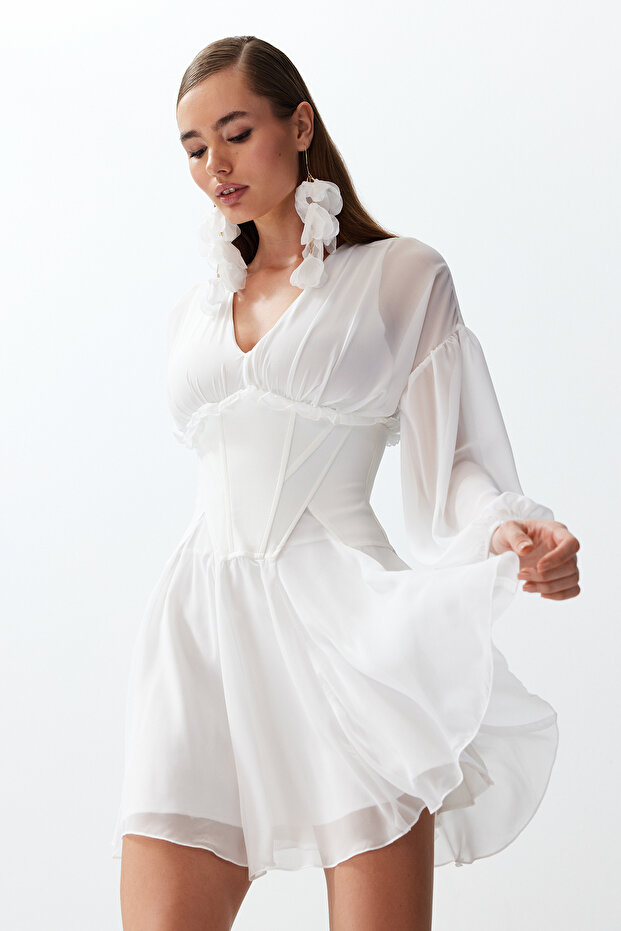 Bridal Beyaz A-Kesim Korse Detaylı Dokuma Kısa Şık Abiye Elbise TPRAW24EL00040 - 2