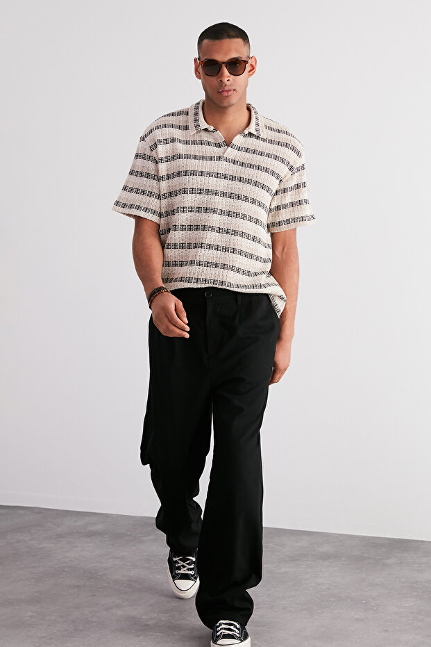 Ekru Oversize/Geniş Kesim Düşük Omuz Çizgili Polo Yaka T-shirt TMNSS24PO00023 - 1