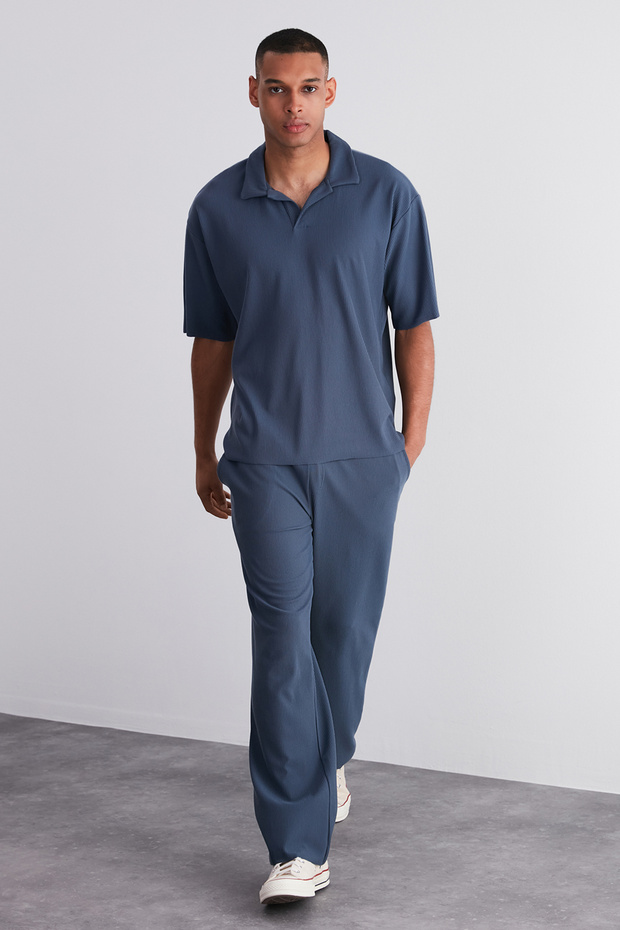 Indigo Rahat/Wide Leg Dokulu Gizli Bağcıklı Tek Parça Eşofman Altı TMNSS23EA00013 - 2