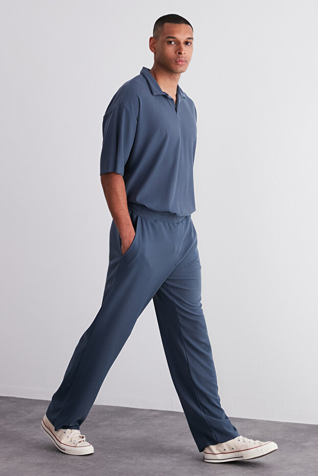 Indigo Rahat/Wide Leg Dokulu Gizli Bağcıklı Tek Parça Eşofman Altı TMNSS23EA00013 - 4