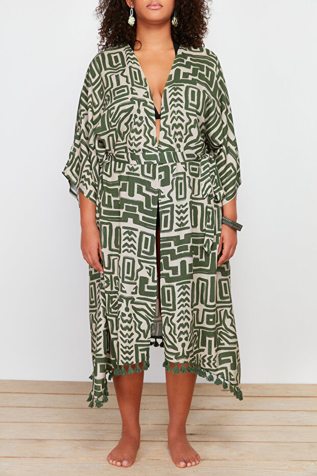 Çok Renkli Etek Ucu Püsküllü Yarasa Kol Viskon Plaj Giyim Büyük Beden Kimono&Kaftan TBBSS24DE00005 - 4