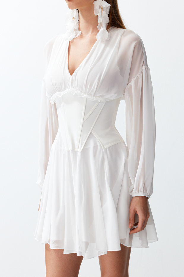 Bridal Beyaz A-Kesim Korse Detaylı Dokuma Kısa Şık Abiye Elbise TPRAW24EL00040 - 4