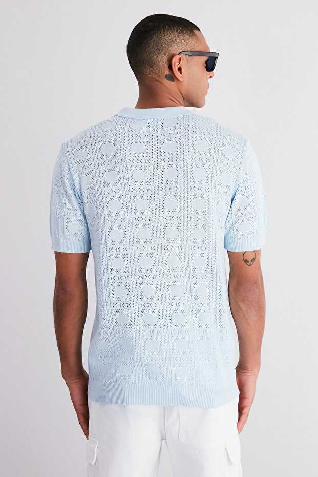 Limitowana edycja jasnoniebieskiej, regularnej, bawełnianej, ażurowej dzianiny polo z kołnierzykiem Tmnss24Po00007 - 6