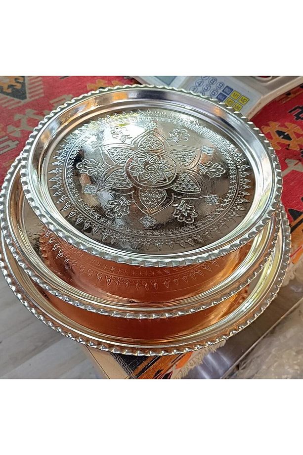 Bakır El İşlemeli Nikelli Tepsi 28 cm (1mm) - 1